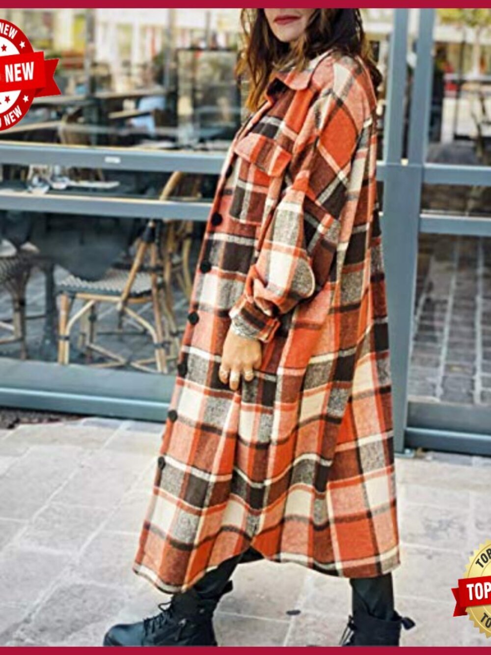 Plaid Button Down Long Jacket Fall Flannel Trench Coat Women - Picture 6 of 7
